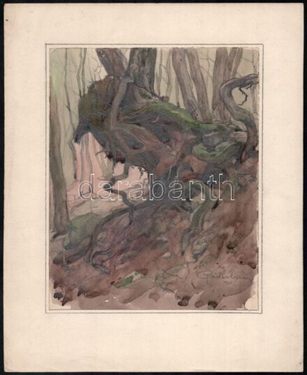 Páris Erzsi (1887-?): Ágas-bogas, 1922. Ceruza, akvarell, papír, jelzett, 22x18 cm