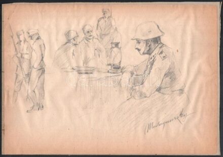 Mednyánszky jelzéssel: Katonák. Ceruza, papír, kartonra kasírozva. 21x29,5 cm