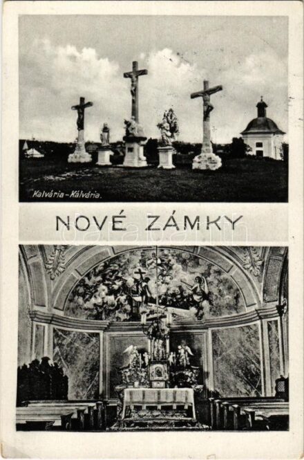 1938 Érsekújvár, Nové Zámky; Kálvária, templom belső / calvary and church interior + '1938 Érsekújvár visszatért' So. Stpl (EK)