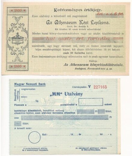 Budapest ~1900. 'Az Athenaeum Kézi Lexikona' megvásárlásához kedvezményes értékjegy 6Ft-ról + ~1960. 'Magyar Nemzeti Bank 'MM' utalvány' kitöltetlen, (3x, ebből 2db sorszámkövető) T:I-III