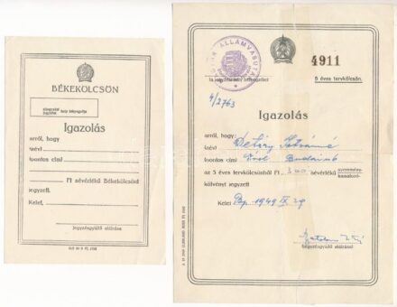 ~1950. 4db békekölcsön igazolás, közte kitöltött és kitöltetlen, egyik 'Magyar Államvasutak Statisztikai Hivatal' felülbélyegzéssel T:I-III ragasztottak is