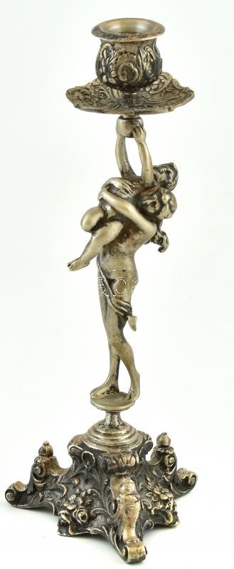 Figurális fém gyertyatartó, jelzés nélkül, kopott, ferde, m:21 cm