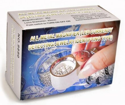 Nagyító LED és UV világítással, 40x 25mm fém házzal. Elemmel, bontatlan, új állapotban