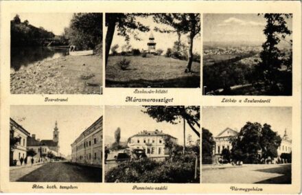1940 Máramarossziget, Sighetu Marmatiei; Iza strand, Szalaván kilátó, látkép a Szalavánról, Római katolikus templom, Pannonia szálloda, Vármegyeháza / beach, lookout tower, Catholic church, hotel, county hall