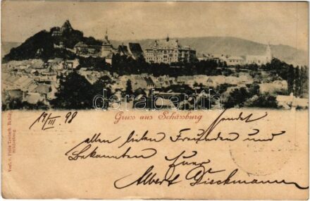 1898 (Vorläufer) Segesvár, Schässburg, Sighisoara; látkép. Fritz Teutsch kiadása / general view + 'BRASSÓ - BUDAPEST 40. SZ.' vasúti mozgóposta bélyegző (EB)