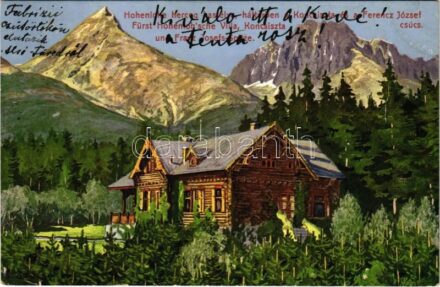 1912 Felsőhági, Visne Hagy, Vysné Hágy (Tátra, Magas-Tátra, Vysoké Tatry); Hohenlohe herceg vadászkastélya, háttérben a Koncsiszta és a Ferenc József csúcs. Cattarino S. utóda Földes Samu kiadása / Fürst Hohenlohe'sches Villa