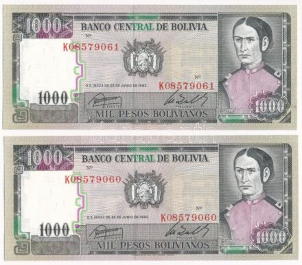 Bolívia 1982. 1000P (2x) sorszámkövetők T:I Bolivia 1982. 1000 Pesos (2x) consecutive serials C:UNC Krause P#167a