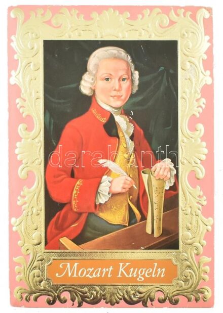 Mozart Kugeln Julius Meinl papírdoboz, sarkán törésnyom, 22×16×4,5 cm