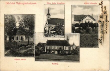 1908 Jablánc, Nyitra-Jablonic, Jablonica; Állami iskola, Római katolikus templom, vasútállomás, Gróf Apponyi kastély. Fogyasztási szövetkezet kiadása / school, Catholic church, railway station, castle + 'KUTTI - NAGY-SZOMBAT 268 A'