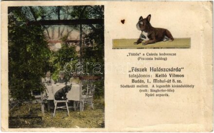 1916 Budapest XI. Kelenföld, Kelló Vilmos 'Fészek Halászcsárda' vendéglő kertje, 'Tüttős' kutya a Csárda kedvence (francia bulldog). Mohai út 8. a Sósfürdő mellett (fa)