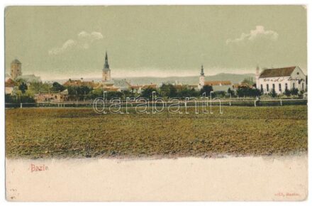 1905 Bazin, Bösing, Bözing, Pezinok; templomok, zsidó templom, zsinagóga / churches, synagogue + 'ZSOLNA - POZSONY 47. SZ. B' vasúti mozgóposta bélyegző (apró lyuk / tiny pinhole)