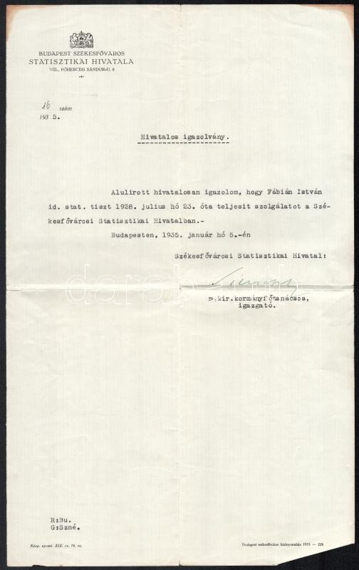 1941 Bizonyítvány felsőfokú statisztikai tiszti szakvizsgáról + KSH igazolás az igazgató aláírásával 1935 - Image 2