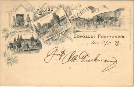 1897 (Vorläufer!) Pöstyén, Piestany; Cursalon, Herrengasse / Fürdőház, infanterista, Úri utca / spa, bath, spa carriage, street view. A. Künzler No. 789. Art Nouveau, floral, litho + 'ZSOLNA - POZSONY 48. SZ. B' vasúti mozgóposta