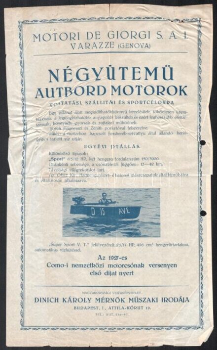 cca 1927 Motori de Giorgi S. A. I. - négyütemű autbord motorok vontatási, szállítási és sportcélokra, magyarországi képviselet: Dinich Károly, szórólap