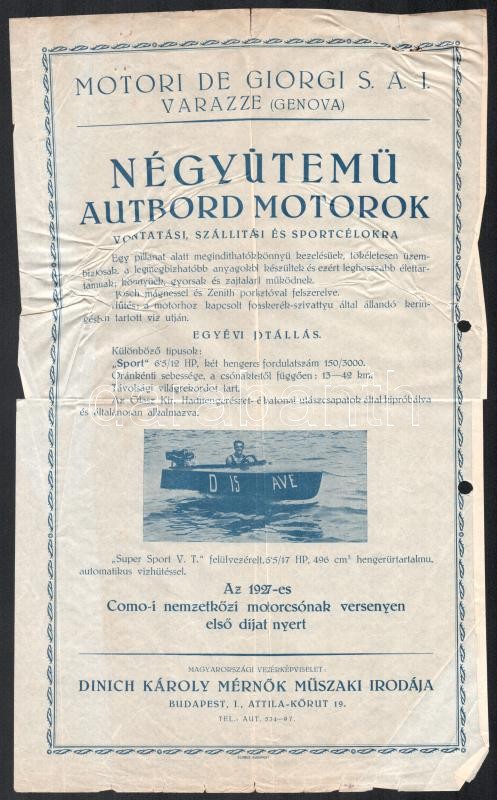 cca 1927 Motori de Giorgi S. A. I. - négyütemű autbord motorok vontatási, szállítási és sportcélokra, magyarországi képviselet: Dinich Károly, szórólap