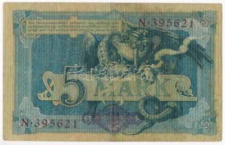 Német Birodalom 1904. 5M hat számjegyű sorszám T:III foltos German Empire 1904. 5 Mark six digit serial C:F spotted Krause P#8a