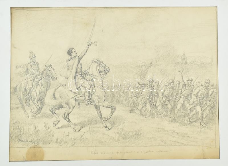 Helbing Ferenc (1870-1958): Petőfi köszönti a vörössapkásokat a nagyszebeni csatában. Ceruza, papír, jelzett. Lapszéli részben javított szakadásokkal. Paszpartuban. 41×55 cm