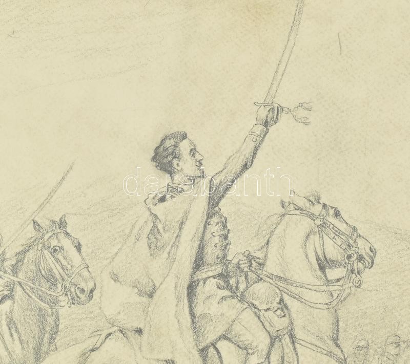 Helbing Ferenc (1870-1958): Petőfi köszönti a vörössapkásokat a nagyszebeni csatában. Ceruza, papír, jelzett. Lapszéli részben javított szakadásokkal. Paszpartuban. 41×55 cm - Image 2