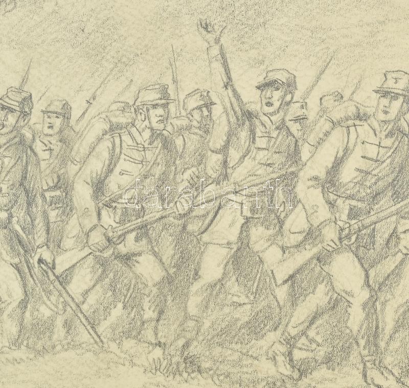 Helbing Ferenc (1870-1958): Petőfi köszönti a vörössapkásokat a nagyszebeni csatában. Ceruza, papír, jelzett. Lapszéli részben javított szakadásokkal. Paszpartuban. 41×55 cm - Image 3