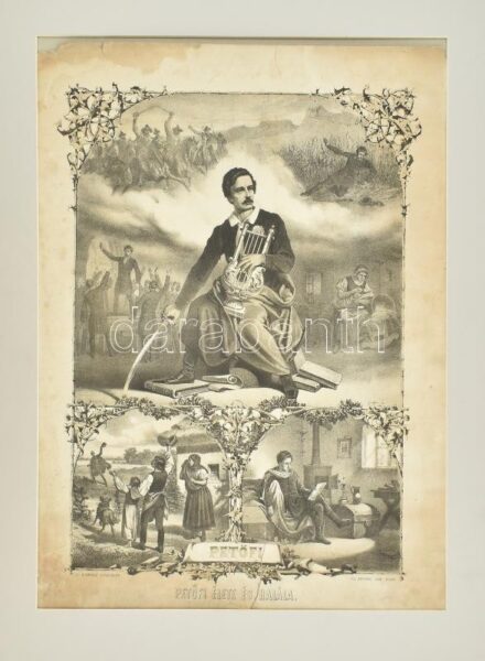 cca 1860-80 Petőfi élete és halála. A Hírmondó jutalomképe. Ifj. Deutsch Mór kiadó. Litográfia, papír, jelzés nélkül. Sérült, foltos. Paszpartuban. 51×36 cm