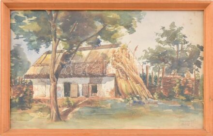 Dömök jelzéssel, XX. sz. elején működött magyar festő alkotása: Kert, 1921. Akvarell, papír. Üvegezett fa keretben. 27×42 cm