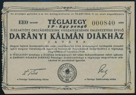 1942 Téglajegy a Darányi Kálmán Diákház javára