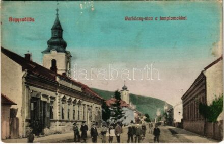 1913 Nagyszőlős, Nagyszőllős, Vynohradiv (Vinohragyiv), Sevljus, Sevlus; Werbőczy utca, templomok, üzlet / street, churches, shop (EM)