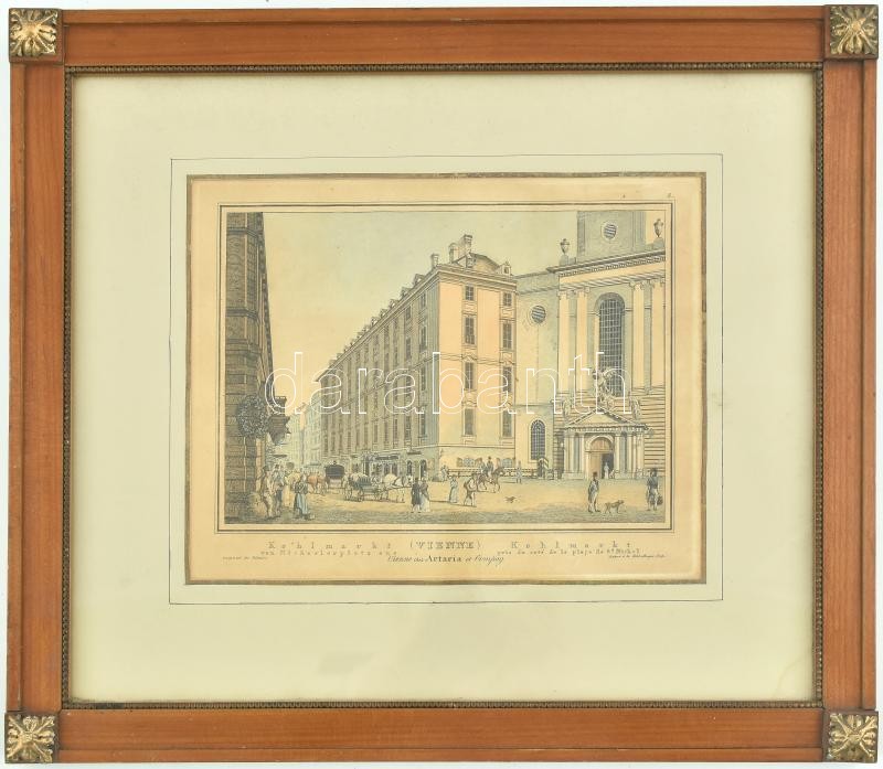 cca. 1880 Bécs Kohlmarkt, (Deposé ? la Bibliothéque Imp.) színezett rézmetszet, dekoratív üvegezett fakeretben. 17x23cm