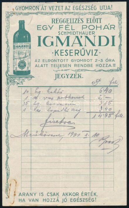 1931 Mezőkövesd, Schmidthauer Igmándi Keserűvíz fejléces számla