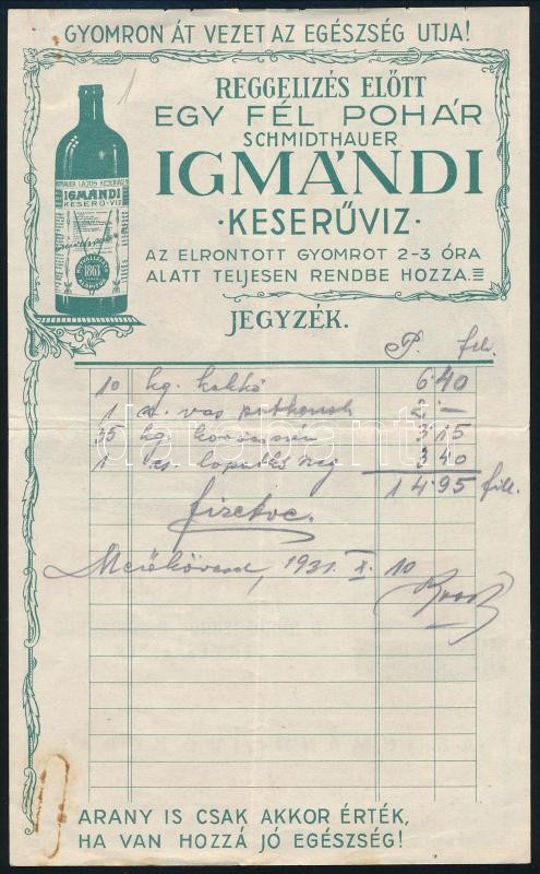 1931 Mezőkövesd, Schmidthauer Igmándi Keserűvíz fejléces számla