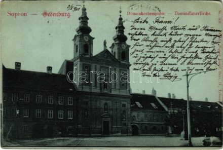 1901 Sopron, Domonkos templom. Popper József kiadása + 'NAGY-KANIZSA - BÉCS 23. SZ.' vasúti mozgóposta bélyegző (EB)