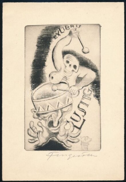 Michel Fingesten (1884-1943): Ex libris Lustig. Rézkarc, papír, jelzett, 15,5×9 cm