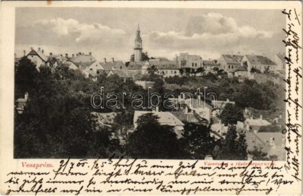 1905 Veszprém, vár részlet a tűzőrtoronnyal. Krausz A. fia kiadása + 'VESZPRÉM - GYŐR 318' vasúti mozgóposta bélyegző