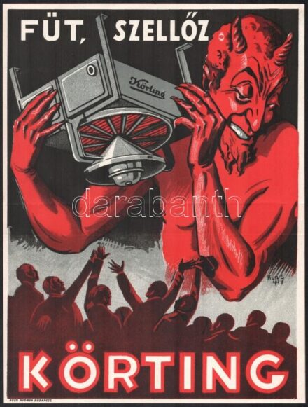 1929 Körting B. és E. Részvénytársaság Bp. VIII. kalorifer kereskedő kétoldalas reklámja, mutatós nagy méretű grafikával (Kun S.), hajtott, 30×23 cm