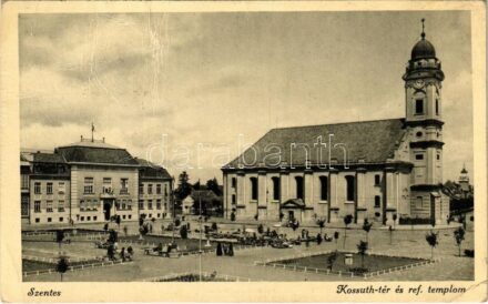 1944 Szentes, Kossuth tér, Református templom. Szilágyi Dezső kiadása (gyűrődés / crease)