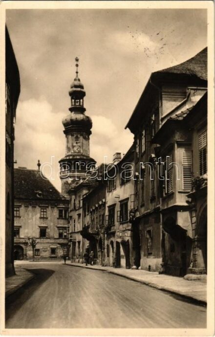 1931 Sopron, Kolostor utca, Várostorony, üzletek. Monsberger Gottfried kiadása