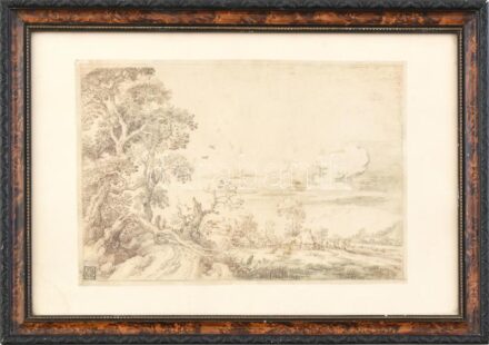 Üvegezett, dekoratív fa képkeret, tájkép ofszet nyomattal, belső méret: 33,5×22,5 cm