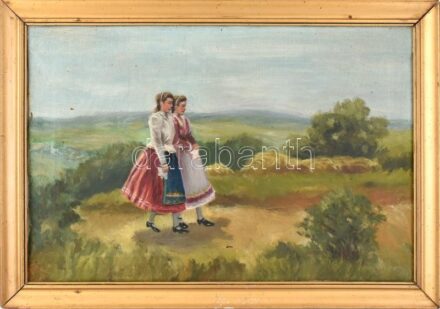 Jelzés nélkül: Menyecskék. Olaj, vászon, sérült. Dekoratív, kissé sérült fa keretben. 40x60 cm