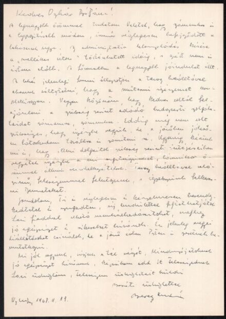 1968 Merényi Oszkár (1895-1981) irodalomtörténész részére szóló kézzel írt levél 'Kedves Oszkár Bátyám!' megszólítással.