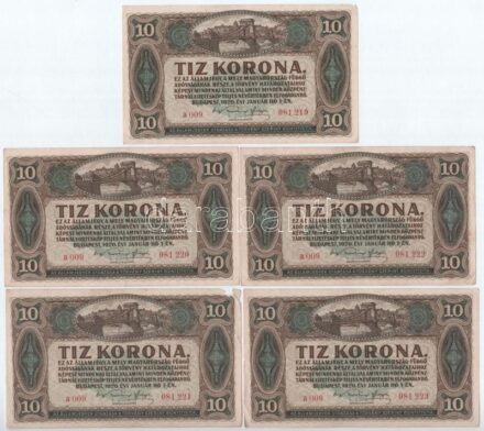 1920. 10K (5x) sorszámkövetők 'a 009 081.219 - a 009 081.223' T:II-,III szép papír, kettőn kisebb sarokszakadás Adamo K14