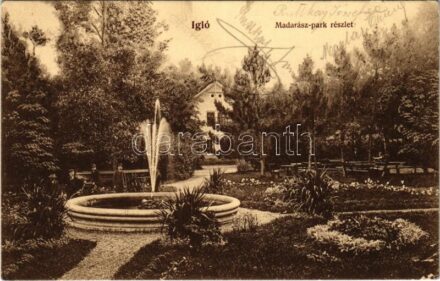Igló, Zipser Neudorf, Spisská Nová Ves; Madarász park részlet / park, fountain + 'IGLÓ P.U.'
