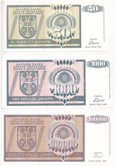 Bosznia-Hercegovina / Szerb Köztársaság 1992. 50D + 1992. 1000D + 1993. 100.000D T:I Bosnia and Hercegovina / Serbian Republic 1992. 50 Dinara + 1992. 1000 Dinara + 1993. 100.000 Dinara C:UNC
