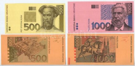 Horvátország 1993. 5K + 20K + 50K előlapi színpróba (3db) + 200K + 500K + 1000K előlapi és hátlapi színpróba (6db) T:I,I- Croatia 1993. 5 Kuna + 20 Kuna + 50 Kuna all front color trial (3pcs) + 200K + 500K + 1000K all front and back