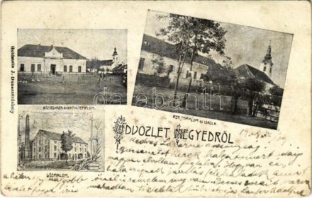 1908 Negyed, Neded; gőzmalom, Református templom és iskola, községháza, katolikus templom. Goldstein J. kiadása / churches, school, town hall, mill (EK)