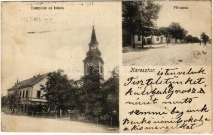 Vágkeresztúr, Krizovany nad Dudváhom; templom és iskola, Fő utca / church, school, main street + 'POSTAKALAUZ NAGY-SZOMBAT-SZERED-GALÁNTA KÖZÖTT' (EK)