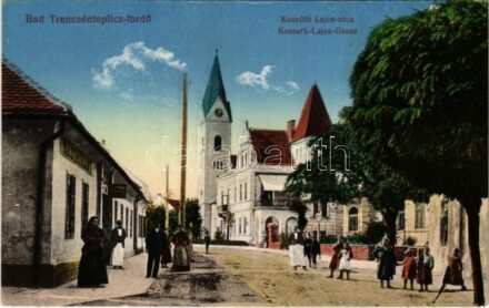 Trencsénteplic, Trencianske Teplice; Kossuth Lajos utca, templom, étterem. Vasúti levelezőlapárusítás 27. 1915. / street, church, restaurant