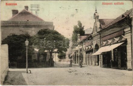 Komárom, Komárnó; Központi szálloda, Stern Bernát és Kincs Mór fia üzlete / hotel, shops (EK)