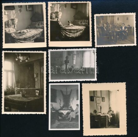 Régi lakásbelsők, 7 db fotó, 6,5×4 és 9×6 cm közötti méretekben