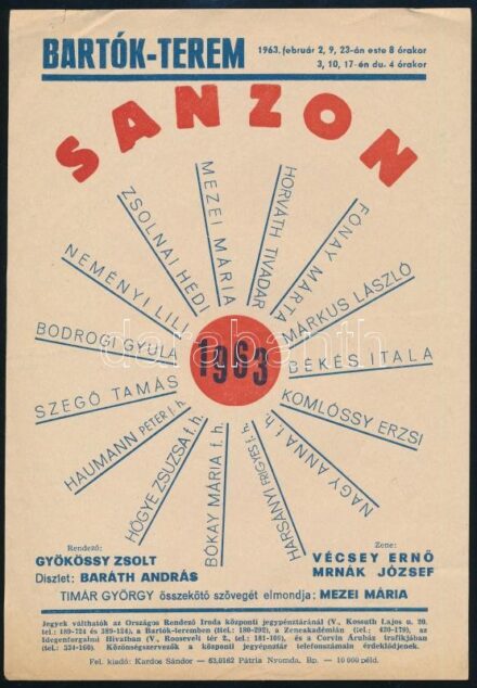 1963 Bartók-terem sanzon, Mezei Mária, Bodrogi Gyula, Haumann Péter, retro kisplakát, ofszet, papír, Pátria nyomda Bp., lap tetején apró szakadással, 24,5×17 cm