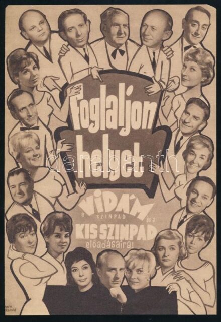 cca 1960 Foglaljon helyet a Vidám Színpad és a Kis Színpad előadásaira, retro kisplakát, ofszet, papír, lap felső sarkaiban apró sérülésekkel, kisebb hiányokkal, 20×14 cm